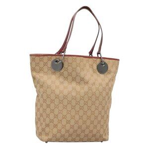 GUCCI GG Canvas Tote Bag Beige Silver 120836 Auth SW830